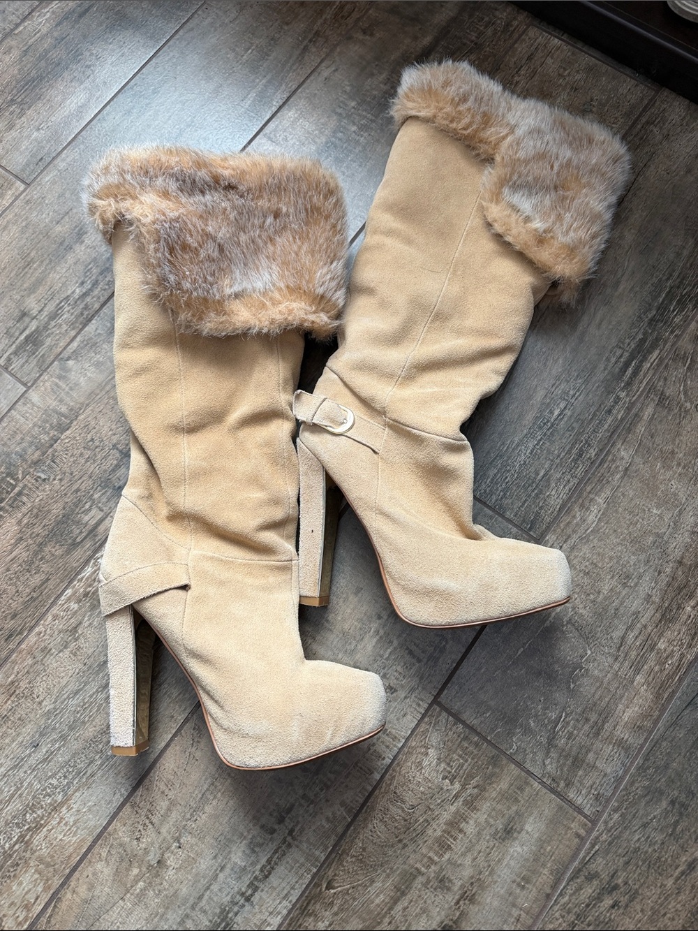 Colin Stuart Beige Faux Suede Fur-Trim Knee Boots